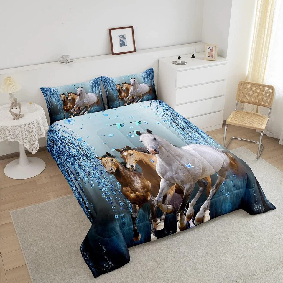 Juego de cama de tamaño completo para caballos para niñas niños, ramas de cerezo corcel soñador Foto 3 de 4