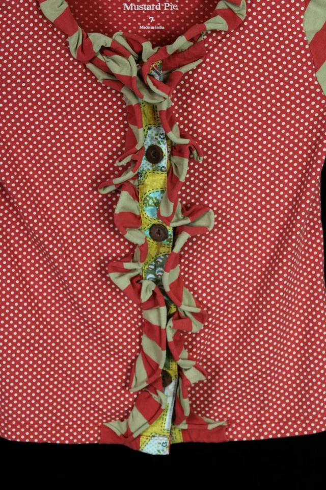 MUSTARD PIE TAN RED BUTTON DOWN POLKA DOT STRIPES GIRLS SIZE 7 - Image 2 of 4