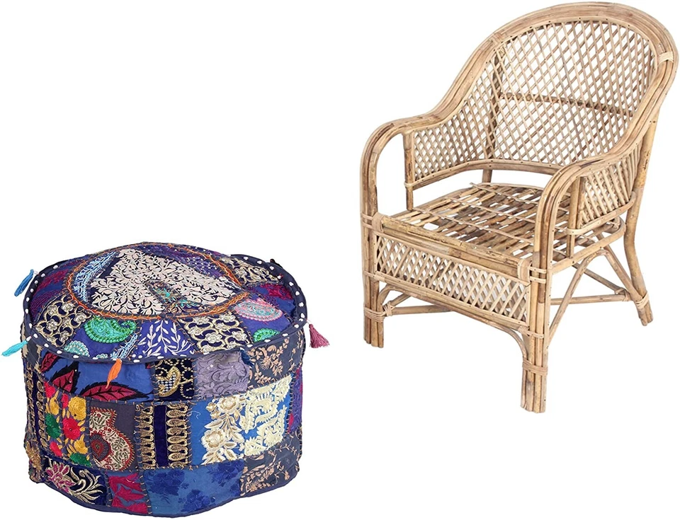 Vintage Patchwork Ottoman Pouf Cove Round Indian Handmade Traditional Footstool - Image 2 of 2