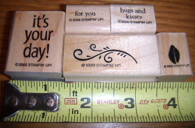5 NEW STAMPIN-UP WOOD STAMPS 2002-1999   ITS YOUR DAY,STEM,LEAF,HUG-KISS,FOR YOU