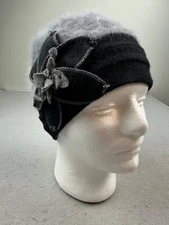 C.C. Exclusives Black Gray Angora Wool Cap Slouchy Fuzzy Winter Hat Flower