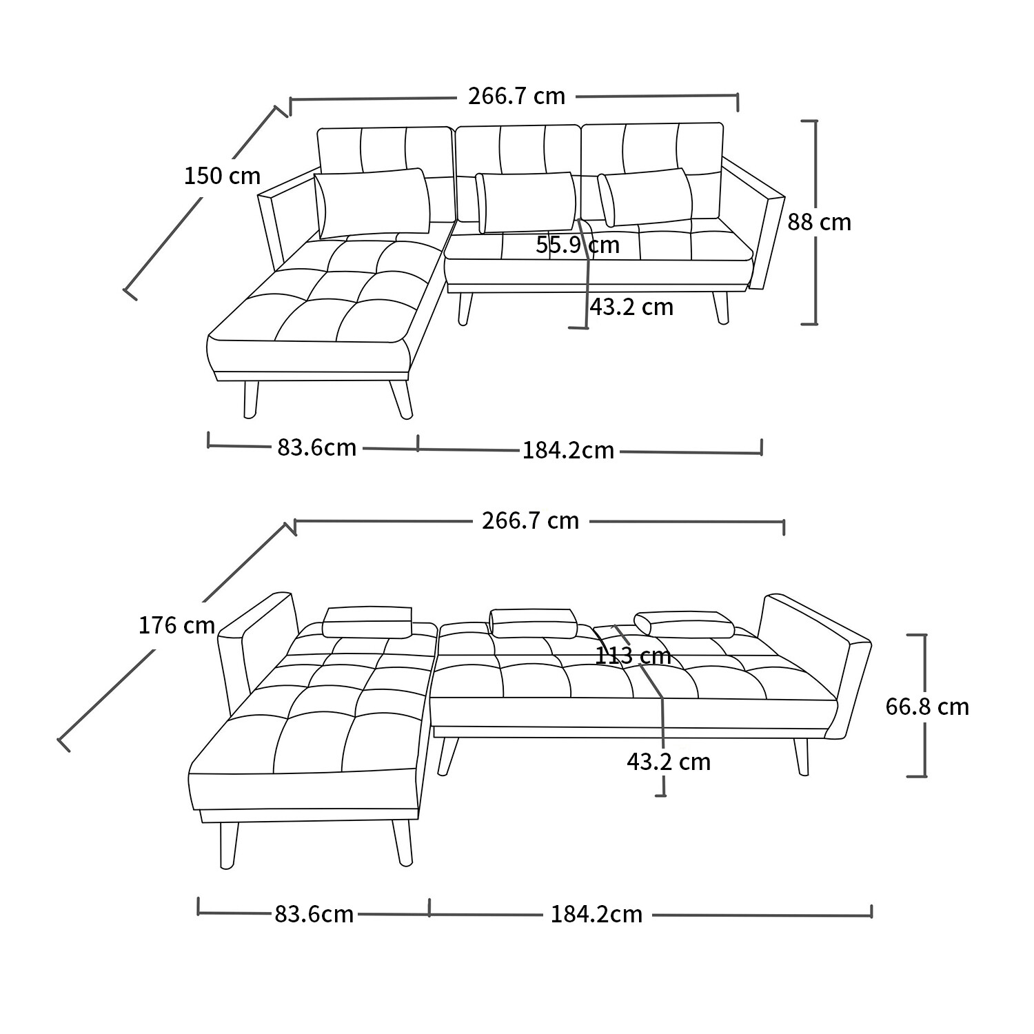 3/4 Seater L Shaped Fabric Corner Sofa Bed Couch Linen Grey Couch With