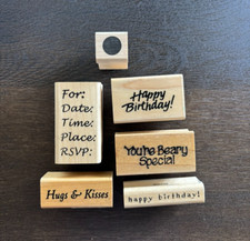 6 Wood Mounted Rubber Stamps Phrases Happy Birthday, RSVP Hugs Kisses