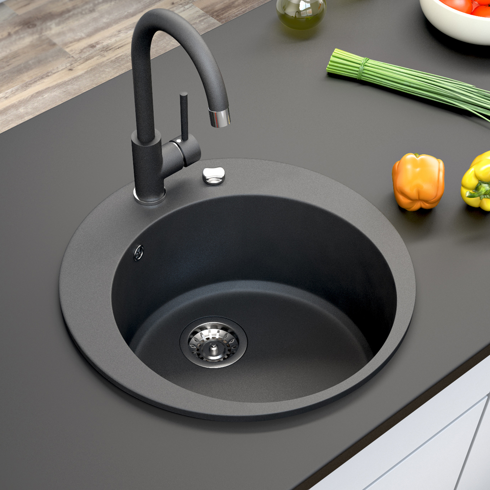 Évier de cuisine en granit noir encastrable Bergstroem 505 évacuation incluse