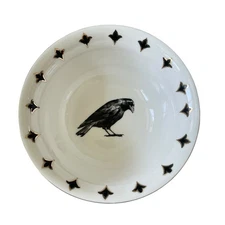 Potter's Studio RAVEN Bowls 7in Ceramic White Black Gold Halloween Set of 4 NEW