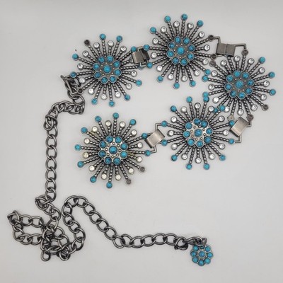Vintage Southwestern Chain Belt Medallion Western Boho Ornate Statement Rodeo Silver Chain Starburst Belt Turquoise Medallion Western Boho  main image 3