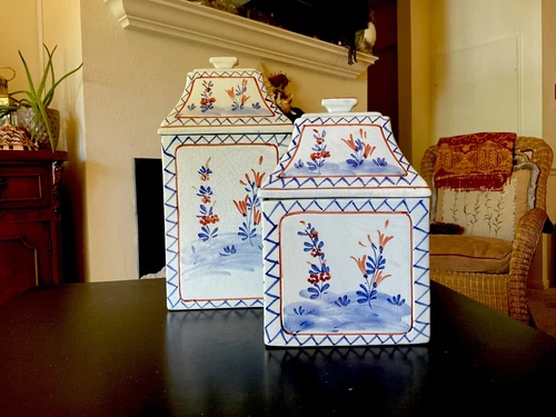 Ethan Allen Set Of 2 Two Decorative Rectangle Jars Handmade In Italy
