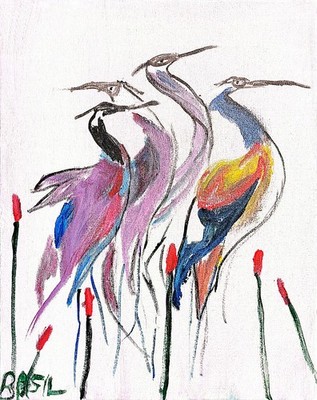 Four Cranes Abstract Expressionist Original Painting Canvas