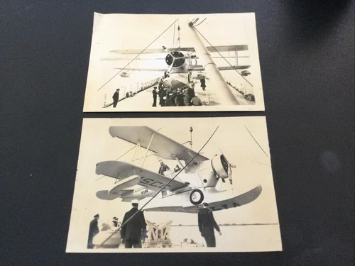 Pair pre-WW2 era Photos (5" x 4") of USCG Cutter w/ biplane being loaded onboard