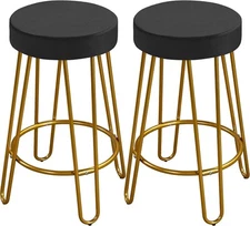 Bar Stools 2 Set Velvet Round Counter Stools Backless Counter Height Golden Legs