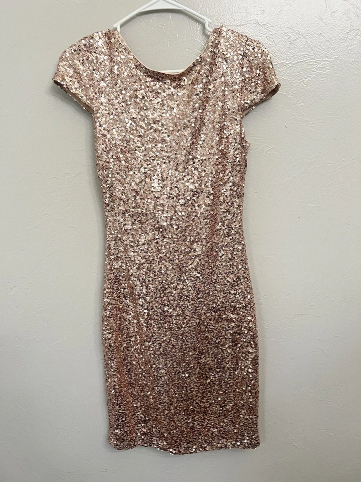 Vestido Vaina Badgely Mischka Oro Rosa Capucha Espalda Cisne Lentejuelas Talla 6 Nuevo Con Etiquetas Foto 2 de 4