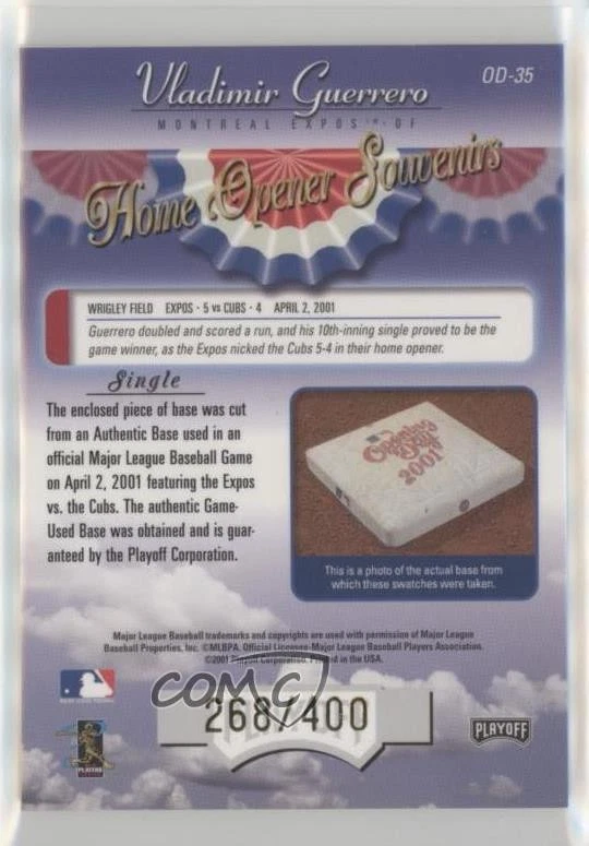 2001 Absolute Memorabilia Home Opener Souvenirs Single Vladimir Guerrero HOF - Image 2 of 2