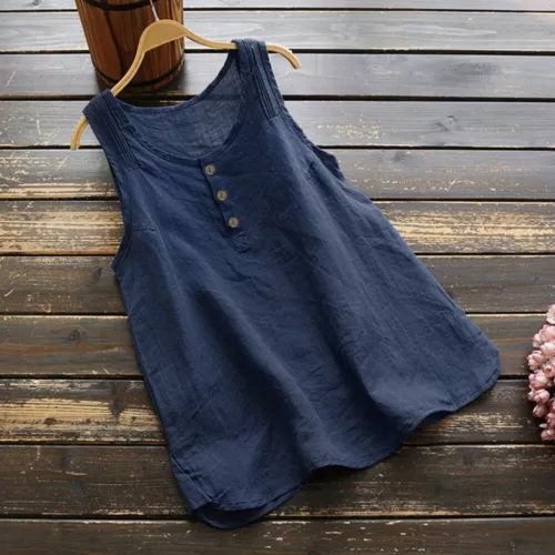 Womens Cotton Linen Sleeveless Loose Tank Top Vest Ladies Casual T-Shirt Blouse - Bild 15 von 24