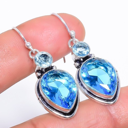 Blue Topaz Gemstone 925 Sterling Silver Earring 1.7" E863