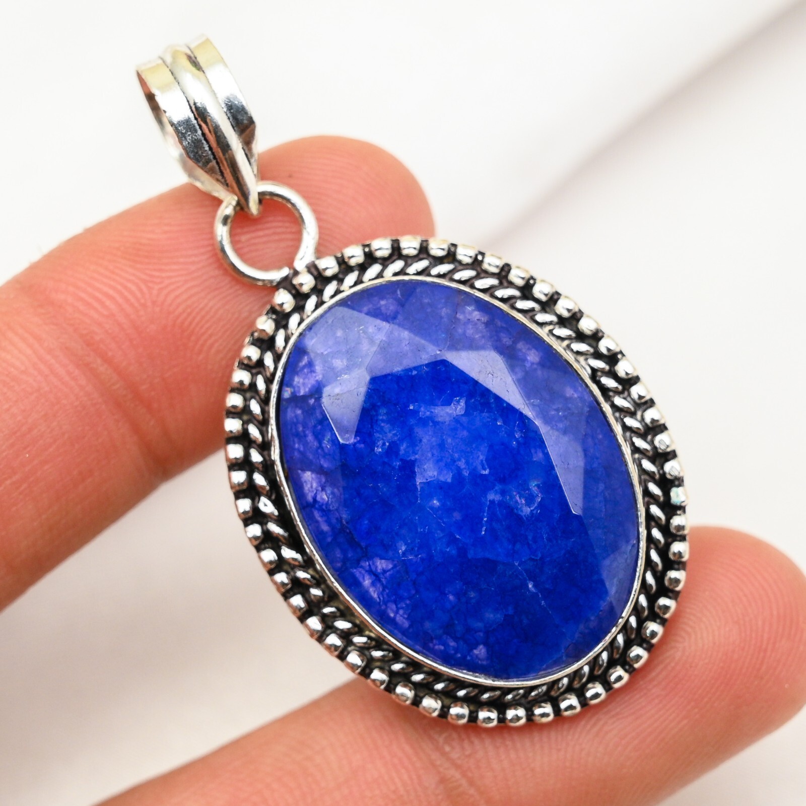 Blue Sapphire Lab-Created Pendant Gemstone Handmade 925 Sterling Silver Jewelry