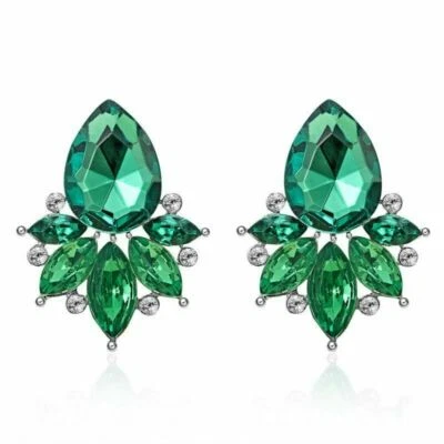 Boucle Oreilles clous Pendante métal argenté pierre cristal - Photo 1/2