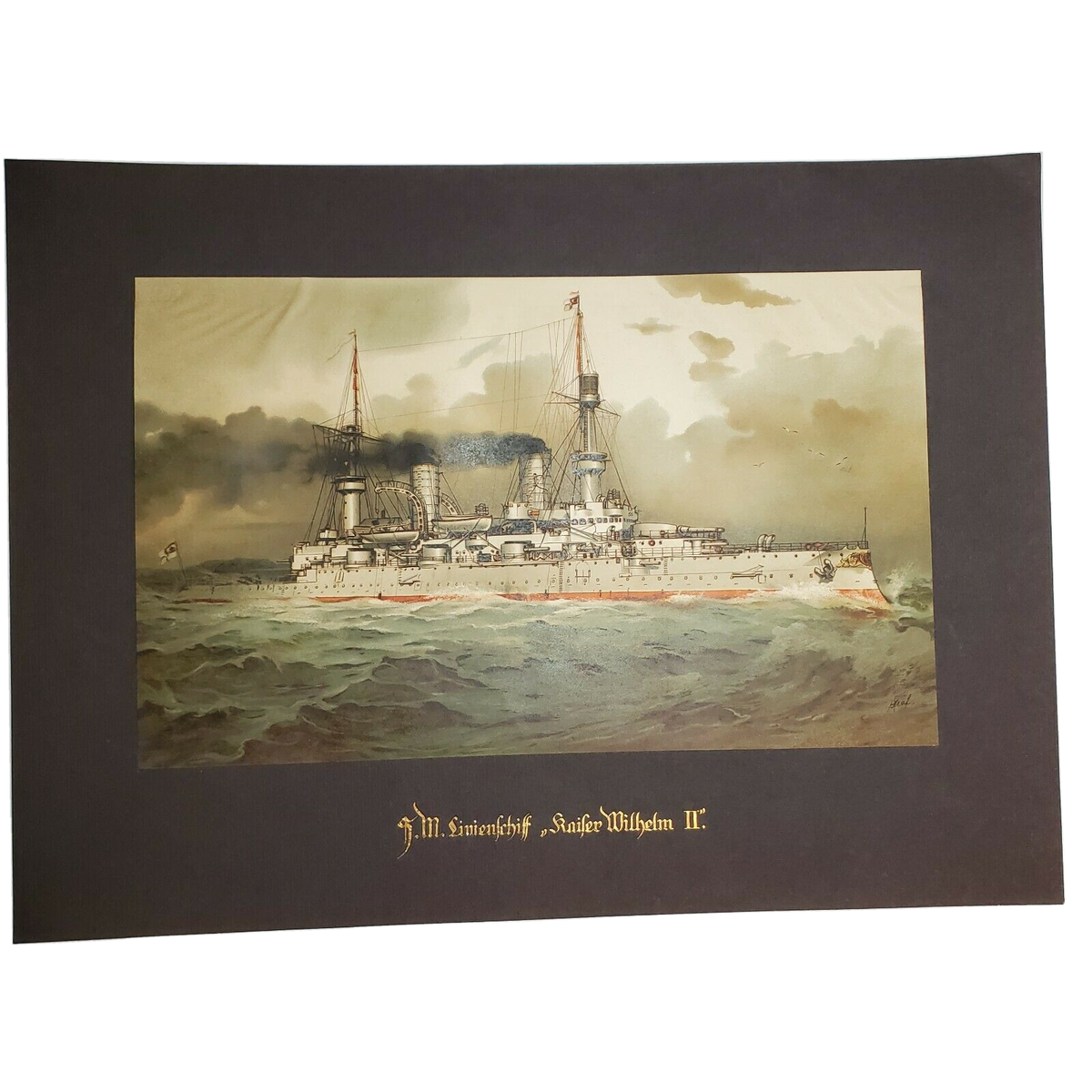 SMS Kaiser Wilhelm II battleship chromolithograph c.1900 gilt