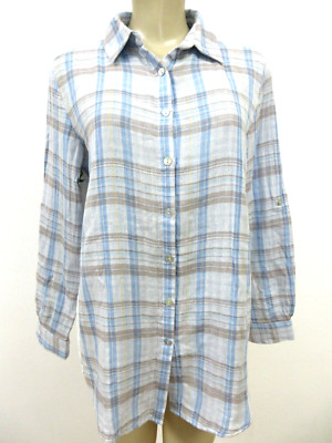 KYLA SEO TAUPE-BLUE PLAID FLORAL EMBROIDERED DITA SHIRT SIZE S - NWT