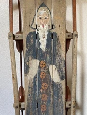 🔥 Antique Old American Folk Art Primitive Christmas Santa Painting Sled - WOW