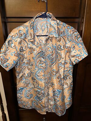 Half Button Shirt Mens Medium Orange Parsley Print Short Sleeve