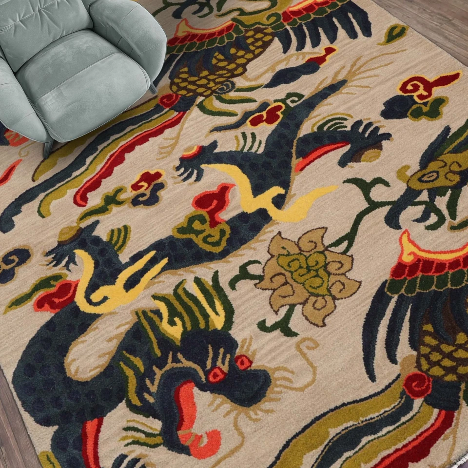 Multi Size Hand Tufted Red Dragon & Phoenix Chinese Art Deco Wool Area Rug - Image 2 of 4