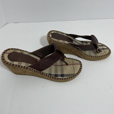 Burberry Nova Check Brown Leather Espadrille Wedge Slides  display picture 1