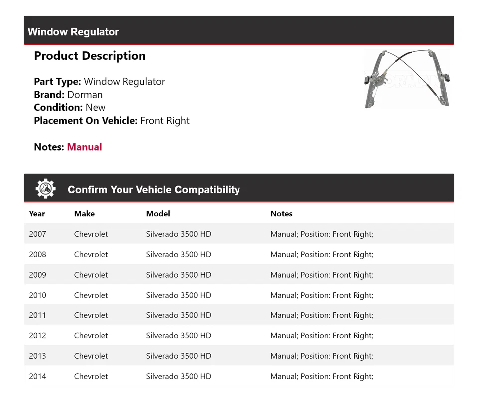 For 2007-2014 Chevrolet Silverado 3500 HD Dorman Window Regulator Front Right - Image 2 of 4