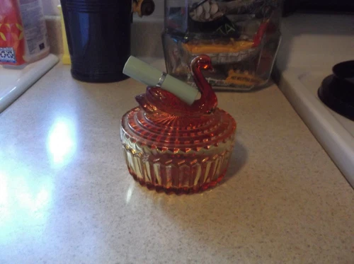 Vintage Jeanette Glass Swan Powder Jar and Lip Stick Holder -Amberina