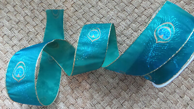 Ribbon Peacock Feather Look w/ Glitter 2.5 in x 5 yds wire edge Blue & Green New