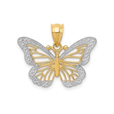 14k Gelb-Rhodium Gold Schmetterling Anhänger filigran strukturiert symbolischer Schmuck