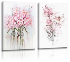 Pink Floral Canvas Wall Art, Pink Framed Wall Art, Butterfly Grey Leaf Canvas...