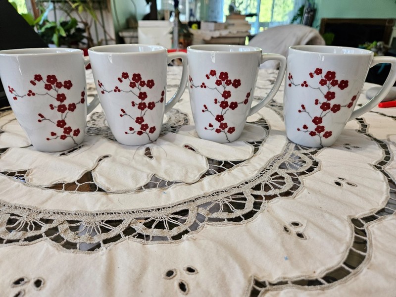 4 Corelle Coordinates Porcelain Hanami Garden Coffee Mug Cup red flowers square