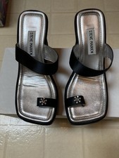 VINTAGE Steve Madden Black Satin Platform BLING Toe Ring Sandals 7