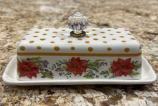 Pioneer Woman Butter Dish Poinsettia Holiday Cheer Christmas Linen Glass Knob