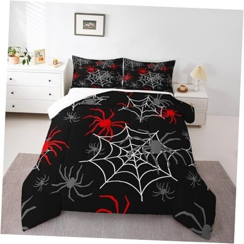 Red Black White Cobweb Comforter Set Size, Scary Halloween Queen Multi 27