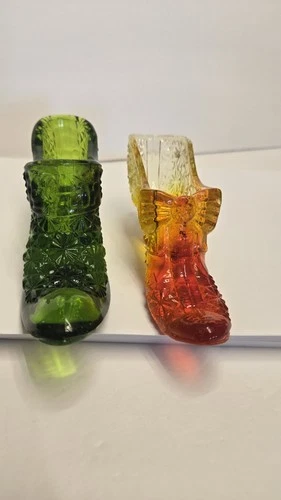 Vintage Fenton Art Glass Amber Olive-Green Orange Red Hobnail Shoe Slipper Boot