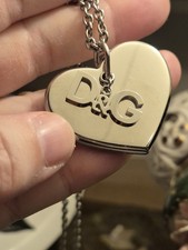 Dolce & Gabbana High Fashion Lux Heart Pendant Logo Chain Necklace Silver Tone