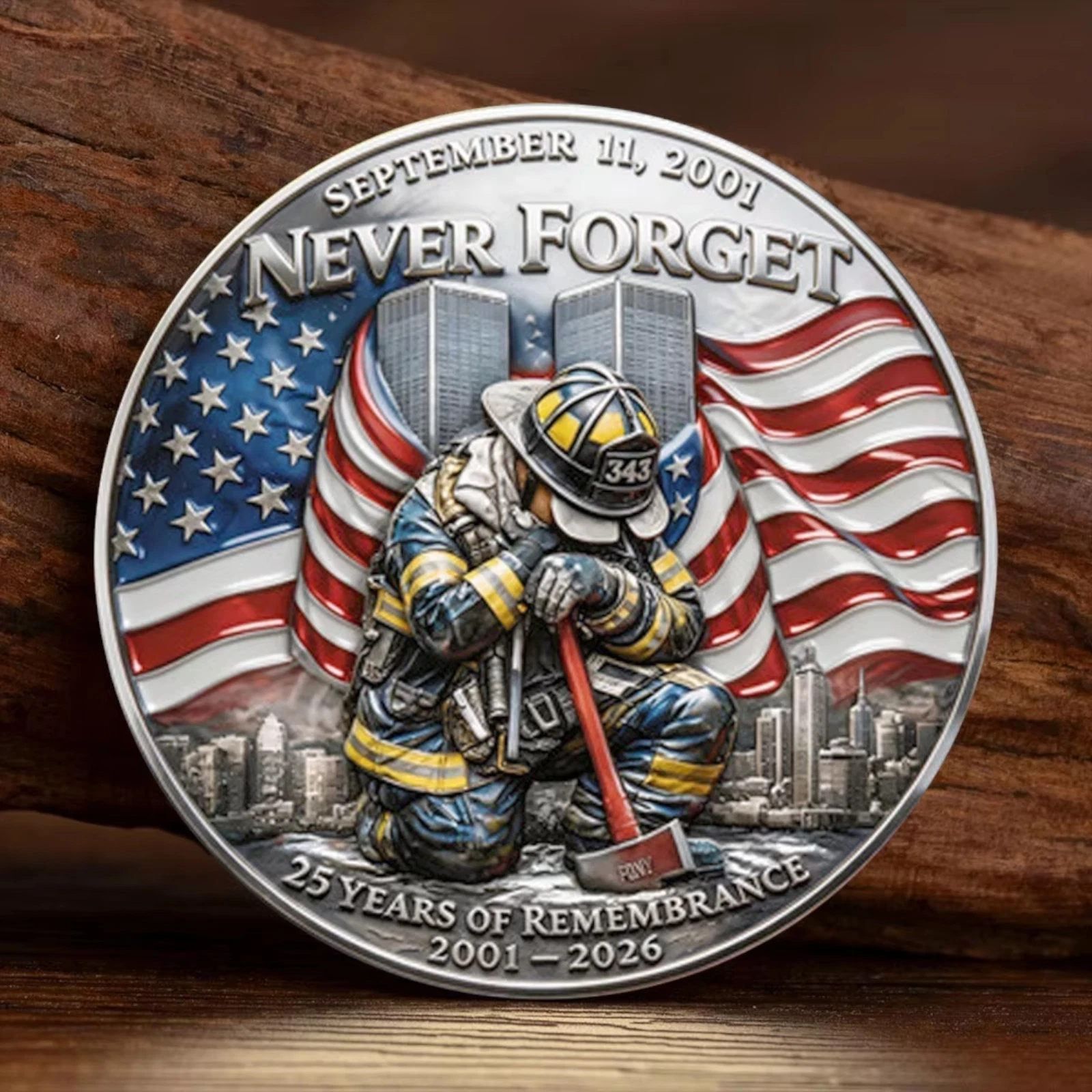 9/11 Never Forget 343 Firefighter Memorial Challenge Coin 2001-2026 Fire Department NY