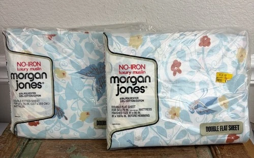 Vtg Morgan Jones Full Double Flat & Fitted Sheet Set Blue Floral Butterflies