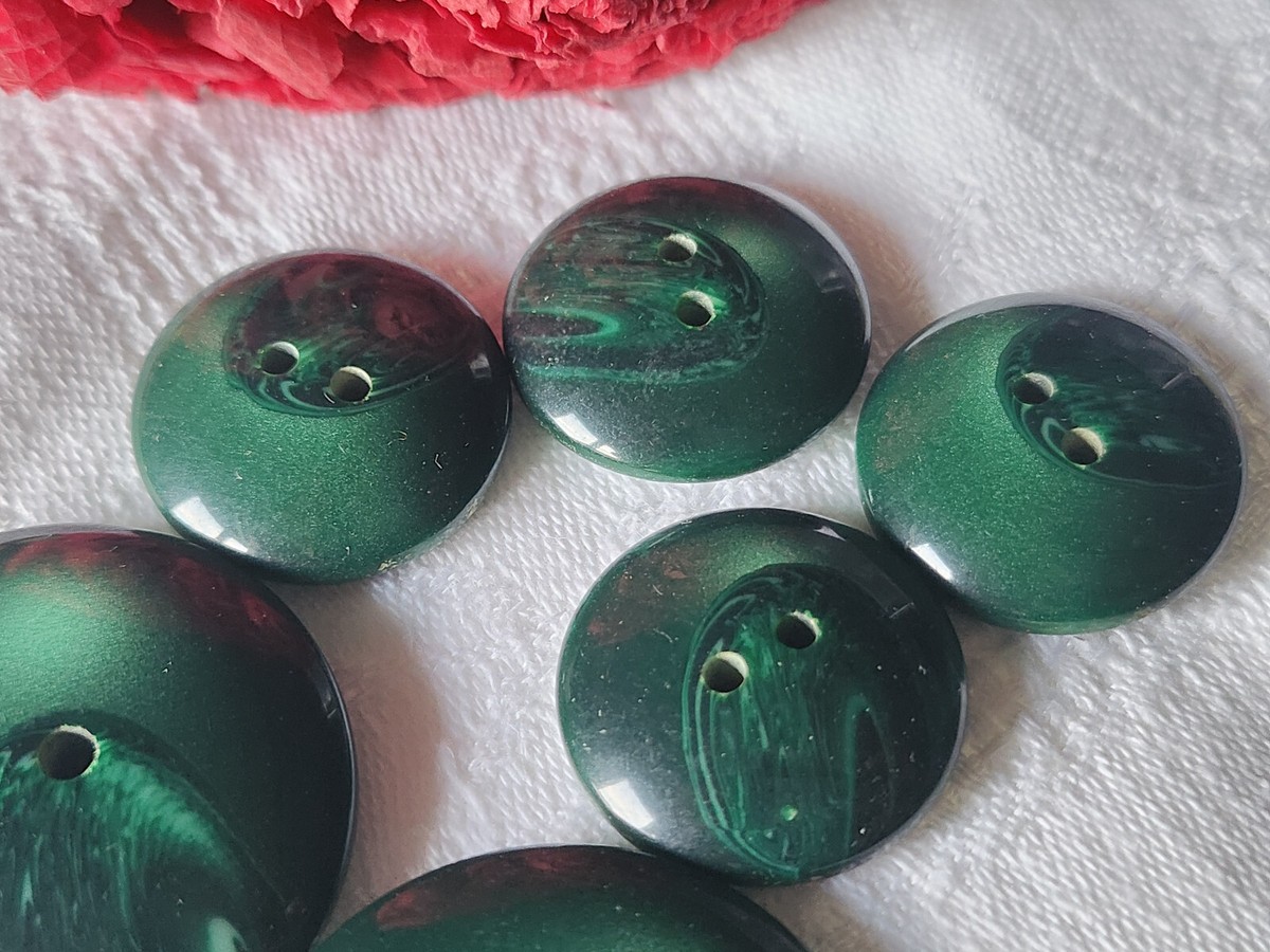 Lot De 6 Gros Boutons Vintage Vert Kaki Veiné - 2,7 Cm - Occasion
