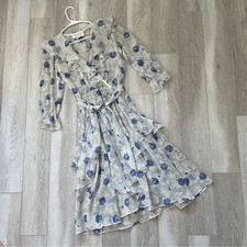 Vintage Ruffle Dress floral sheer tiered maxi Gray (large) 80s feiminine cottage