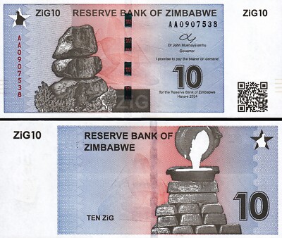Zimbabwe 10 ZiG 2024, UNC, 5 Pcs LOT, Consecutive, With QR code NR