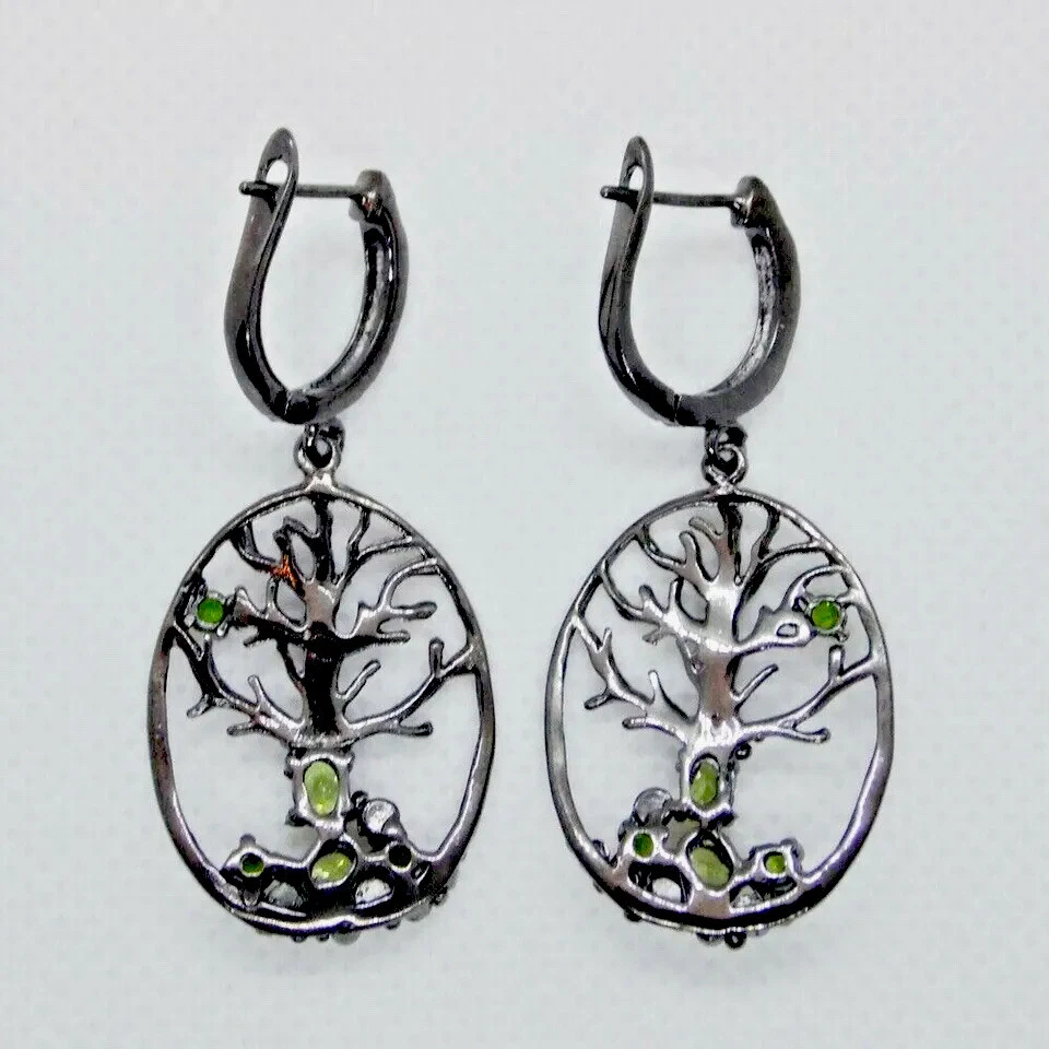 Peridot Chromdiopsid Ohrhänger LEBENSBAUM 925 Silber 585 Roségold vergoldet - Bild 2 von 4