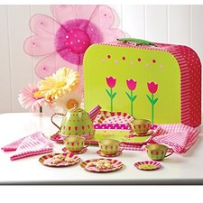 20 pc. Take-Along Tin Tea Set Service for 4 Including Tray, Tea Pot, Napkins