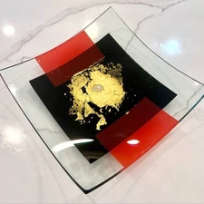 9" Fused Art Glass Dish, Gold Leaf, Shallow Dessert Bowl