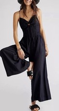Free People Day Glow One Piece Jumpsuit Black Linen Blend Wide Leg Small