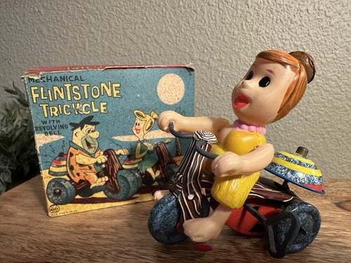 MARX Toys MECHANICAL WINDUP WILMA FLINTSTONE on TRICYCLE w/bell & Original BOX