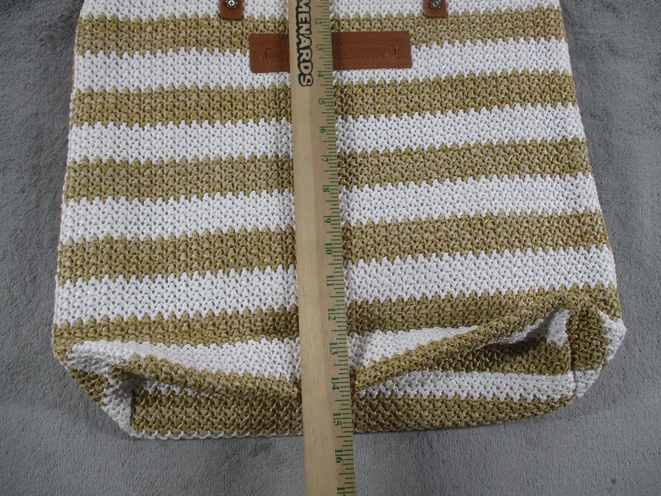 Thirty-One Jewell Tote Bag Womens Large White Olive Stripe Woven with Pouch - Image 4 of 4