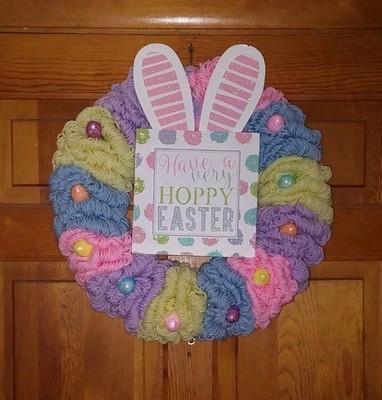 Decorative 18'' Easter Yarn Wrapped Wreath Glitter Eggs & Sign Handmade