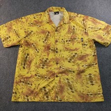 Vintage 90s No Fear Hawaiian Shirt Mens L Yellow Tribal Surf Skate USA Made